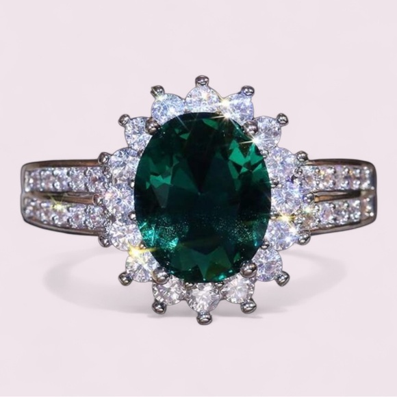 Engagement Oval Cut Emerald CZ Ring in Sterling Silver - Picture 11 of 13